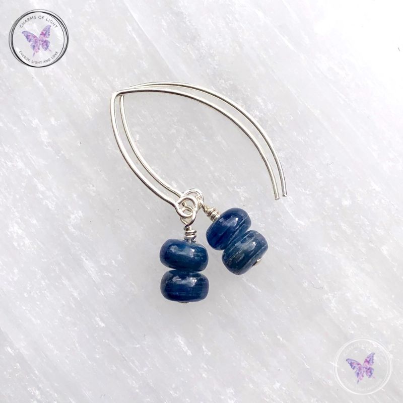 Blue Kyanite Rondelle Silver Angled Earrings